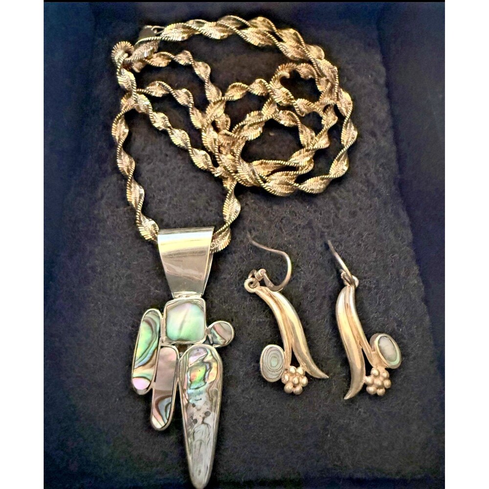 925 Sterling Silver Abalone Paua Shell FAS Necklace, Floral Dangle Earrings Set